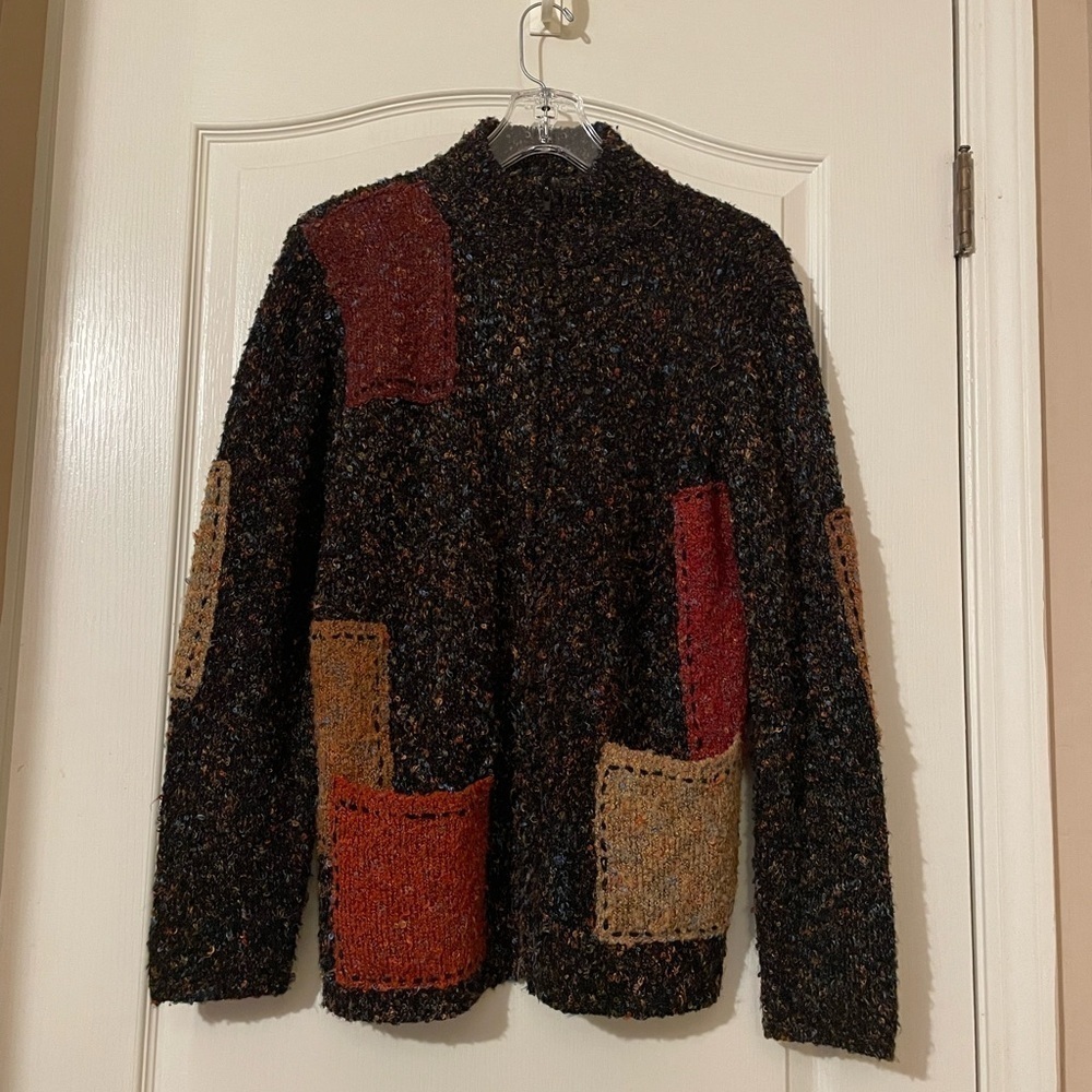 Vintage Chico’s Mockneck Zip Sweater Size 1 Medium 90s Patchwork Cardigan Chunky